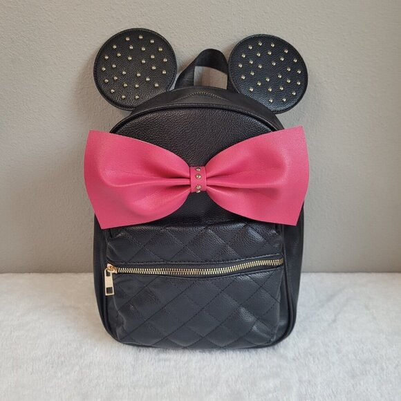 Minnie Mouse Ears Faux Leather Backpack W/ Pink Oversize Bow Disneyland Vacation - Picture 1 of 7